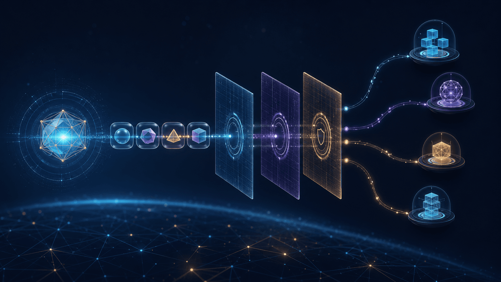 An abstract agent identity sending metadata through permission boundaries to several service endpoints.
