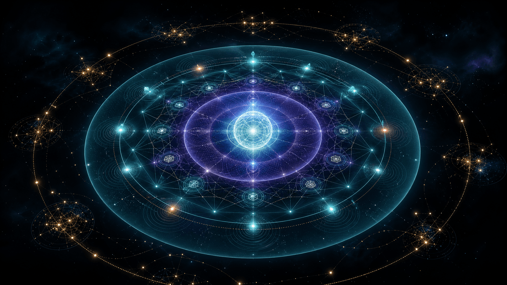 A central agent identity surrounded by distinct profile, credential, discovery, and reputation layers.