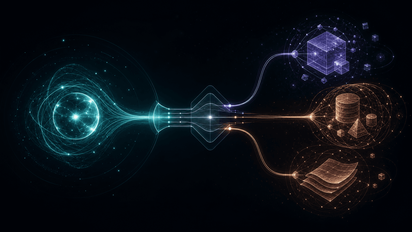 A luminous agent identity connects through a protocol bridge to separate tool, resource, and prompt capability fields.
